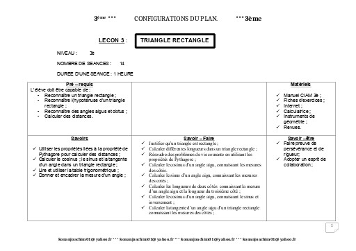 Fiche de cours Maths 3ième Leçon 3 Triangle Rectangle by TEHUA