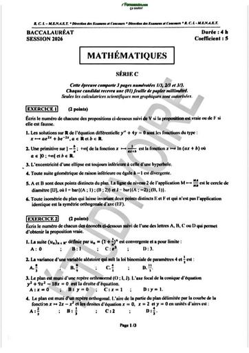 BAC 2026 Maths série D sujet+barème Ci By TEHUA