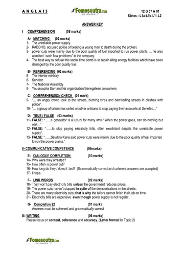 Corrigé sujet d'Anglais BAC L1 L2 2012 - Sénégal