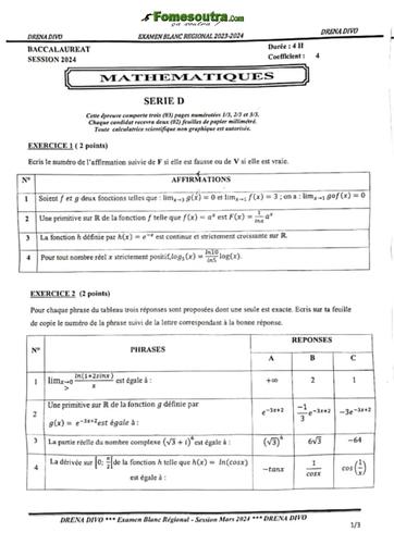 Bac blanc régional 2024 Maths Serie D dren Divo sujet+barème by TEHUA