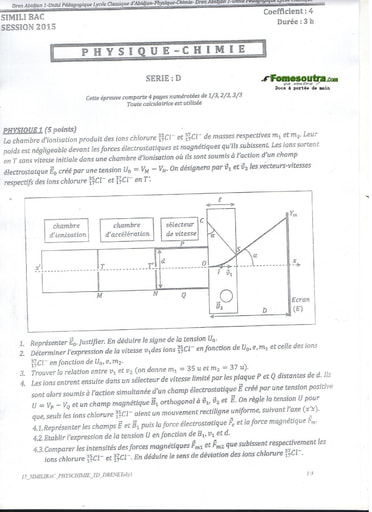 Sujet de Physique-Chimie BAC blanc 2015 série D Lycée Classique d'Abidjan