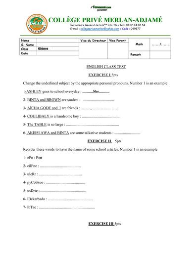 DEVOIR D'ANGLAIS N°1 NIVEAU 6ième by TEHUA