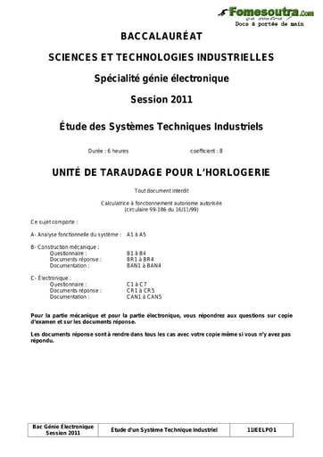 Sujet corrigé Unité de Taraudage pour l'horlogerie - Étude des système techniques industriels - BAC 2011