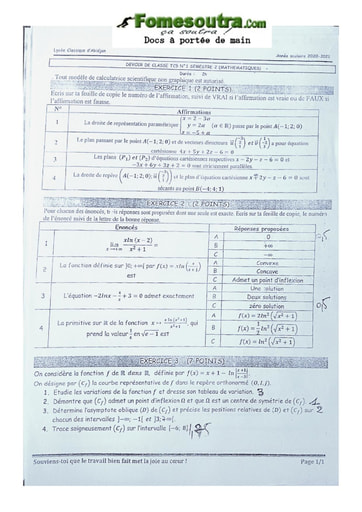 Devoirs de Maths terminale C Lycée Classique Abidjan 20/21