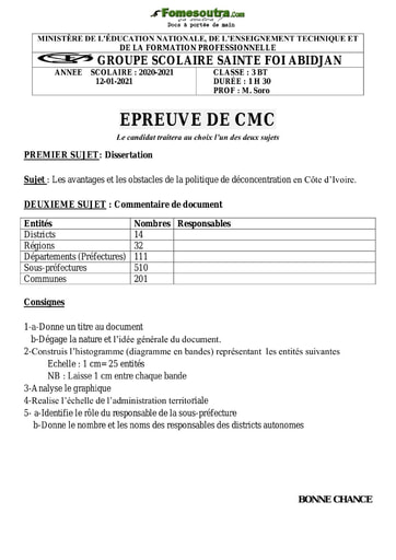 Sujet (2) de Commentaire composé (CMC) niveau BAC Technologique (BT) - Groupe Scolaire Sainte Foi Abidjan