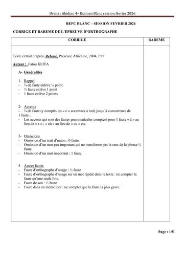 BEPC blanc 2026 Orthographe barème Drena Abidjan 4 By Tehua