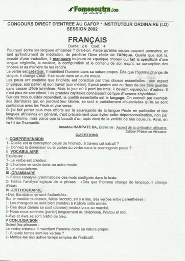 Sujet de Français CAFOP 2002