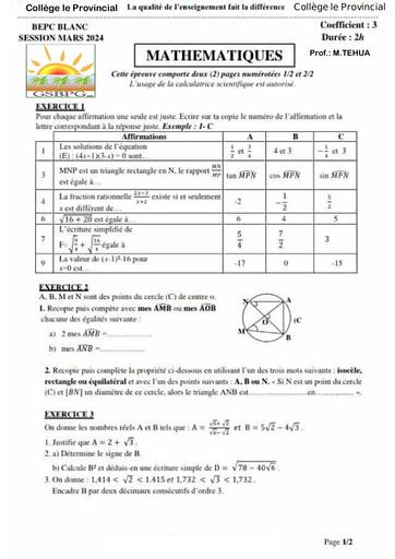 Bepc blanc 2024 Maths DEVOIR DE MAISON by Tehua