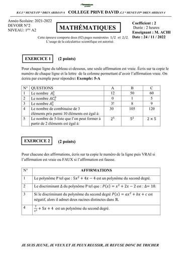 DEVOIR DE MATHS NIVEAU 1ière A2 COLLEGE DAVID BY TEHUA