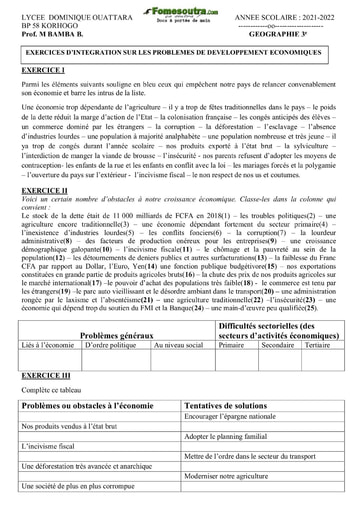 Exercices d’intégration d'Histoire portant sur les problèmes de développement économiques niveau 3eme - Lycée Dominique Ouattara Korhogo