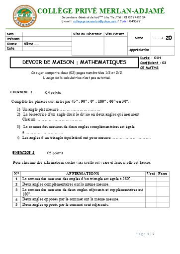 DEVOIR DE MAISON MATHS NIVEAU 5ième MERLAN POUR LES CONGE DE PAQUE BY TEHUA