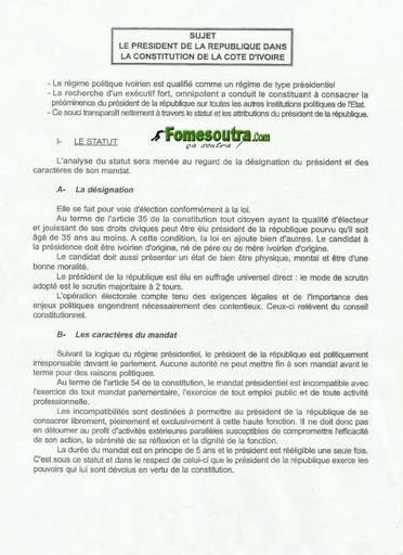 Sujet Corrigé: Le Président de la république dans la constitution de la Cote d'Ivoire - ENA