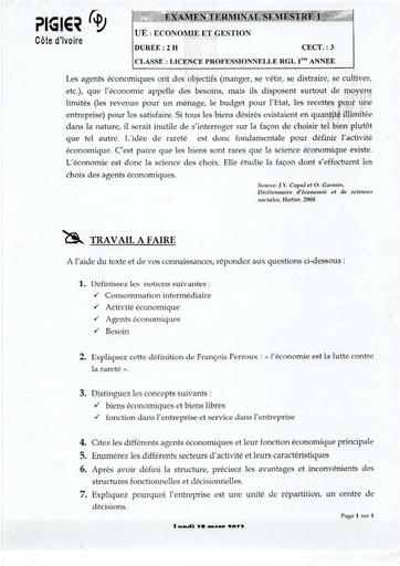 Examen BTS 1 filière industrielle 2016 econmie et gestion