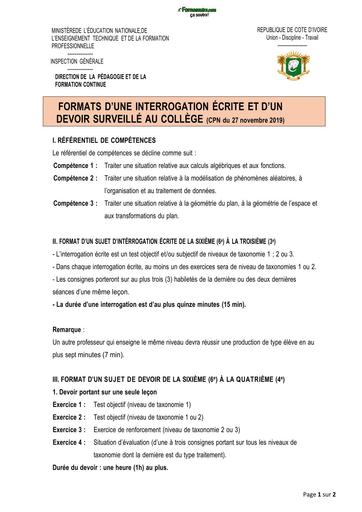 Formats des évaluations en maths au Collège