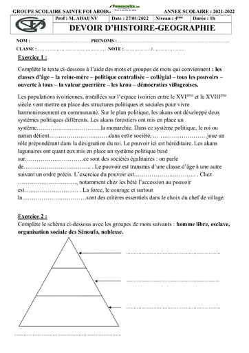 Devoir Histoire-Géographie Niveau 4ème Collège Sainte Foi 2022