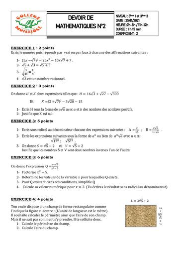 DEVOIR MATHS 3ème (Racines Carrées) By DJAHA