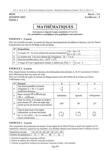 SUJET ET CORRIGE BEPC 2023 MATHEMATIQUES Zone 1 COTE D'IVOIRE by Tehua