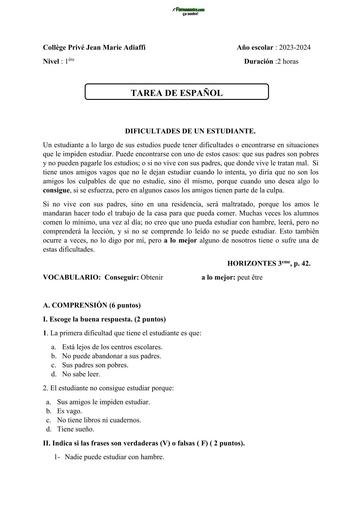 DEVOIR D'ESPAGNOL NIVEAU 1ière A CPJMA 2024 by TEHUA