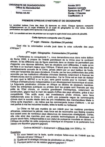 HIST GEO BAC A4,A5 2013 2nd TOUR SESSION NORMALE