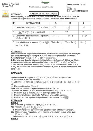 COMPOSITION DE FIN DE TRIMESTRE DE MATHS NIVEAU Tle D du Février 2022 by TEHUA