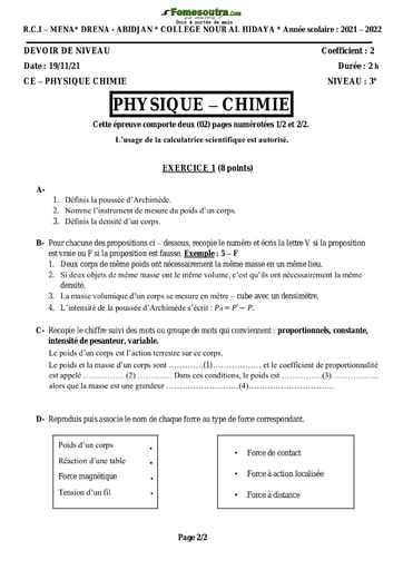 Devoir corrigé de Physique-Chimie niveau 3eme - Collège Nour Al Hidaya - Année scolaire 2021-2022