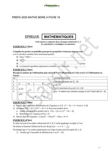 PREPA BAC 2025 MATHS SERIE A SUJET 19 BY TEHUA