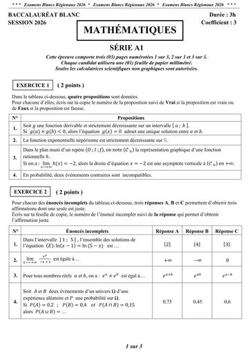 Bac blanc 2026 interne Maths série A1 Sujet Drena Abidjan 4 LYMUA By Tehua