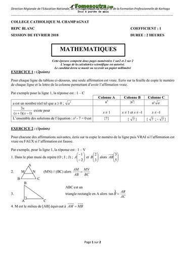 Sujet Mathématiques BEPC blanc 2018 - Collège Catholique Champagnat Korhogo