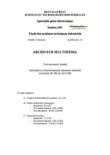 Présentation du sujet Archiveur multimédia - Étude des Systèmes Techniques Industriels - BAC 2007