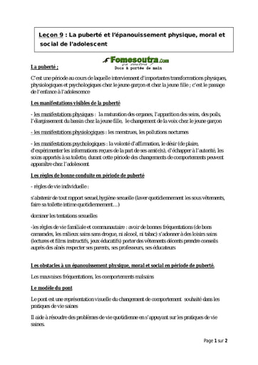 La puberté et l’épanouissement physique, moral et social de l’adolescent