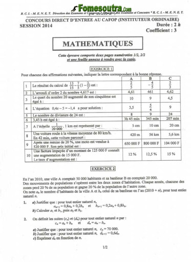 Sujet de Maths CAFOP 2014