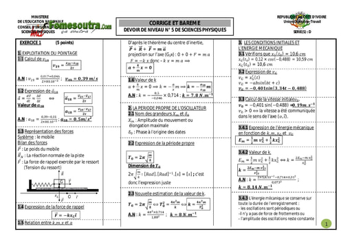 Corrigé Devoir 3 Physique-Chimie niveau Terminale D lycée moderne Dimbokro