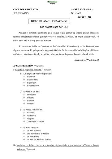 DEVOIR D'ESPAGNOL NIVEAU 3ème   LOS IDIOMAS DE ESPAÑA by TEHUA