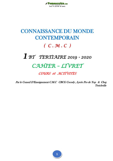 Cours de Connaissance du Monde Contemporain (CMC) 1ère année BT TERTIAIRE 2019-2020