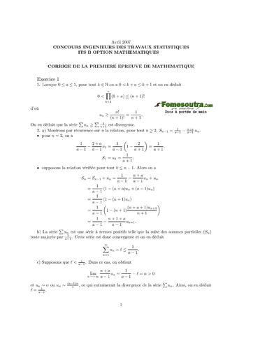 Corrigé 1ère épreuve de maths ITS B option Maths 2007 (ENSEA)