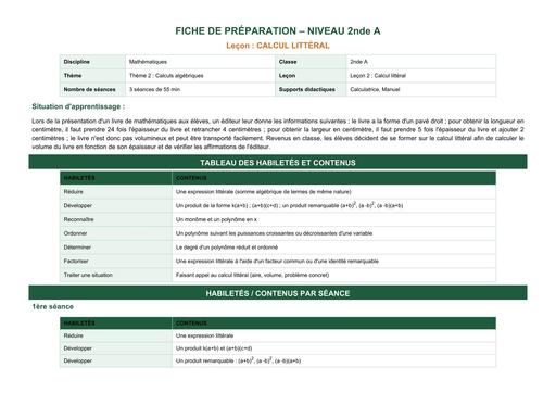 3 FCIHE DE COURS 2027 MATHS 2nde A L3 Calcul Litteral 2ndeA BY TEHUA