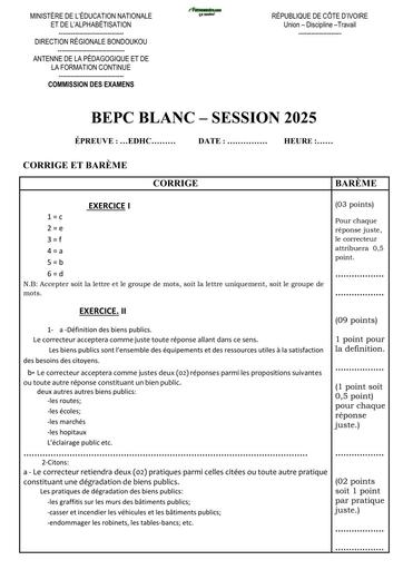 Sujet 3ième (Corrigé) BEPC BLANC EDHC 2025 Bondoukou By Tehua
