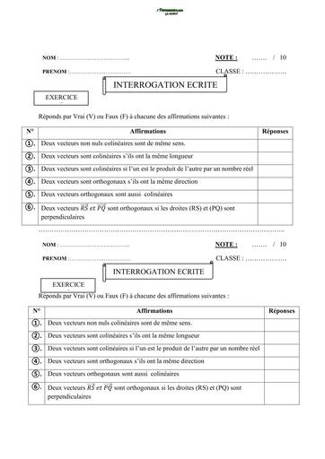 INTERROGATION ECRITE MATHS niveau 3ième SUR vecteur N°4 2026 BY TEHUA