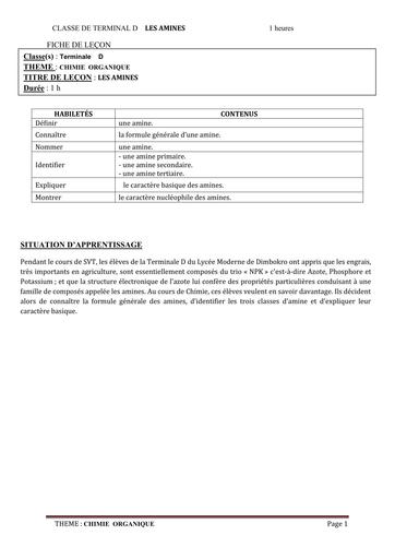 FICHE DE COURS CHIMIE Tle D L3  AMINES