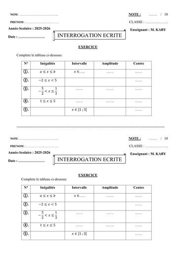 Interrogation écrite Maths niveau 3ème (Intervalle amplitude  Centre) by Tehua