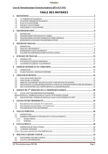 Cours de Thermodynamique  DUT DTS BTS