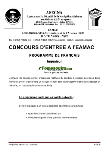 Concours d’entrée a l’EAMAC programme de Français – Cycle Ingénieur