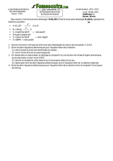 Interrogation 5 de Chimie niveau Terminale D