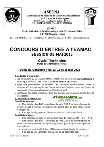Avis de Concours EAMAC session mai 2015 – Cycle Technicien