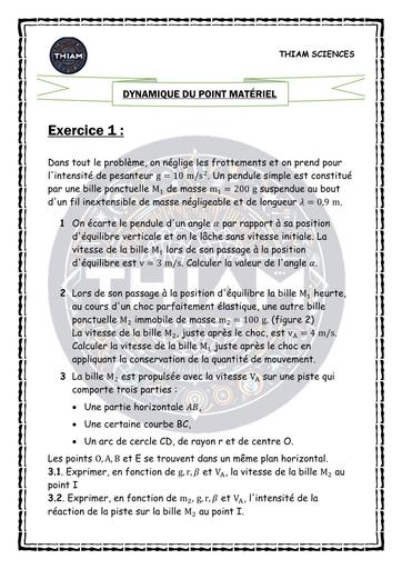 FICHE TD Correction de l’exercice d’application sur la dynamique du point (THIAM SCIENCES) BY TEHUA