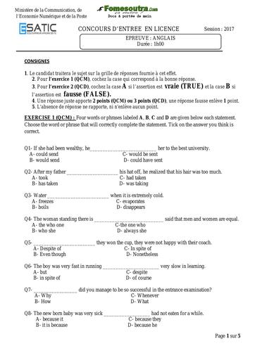 Sujet d'Anglais concours d'entrée en Licence - ESATIC 2017