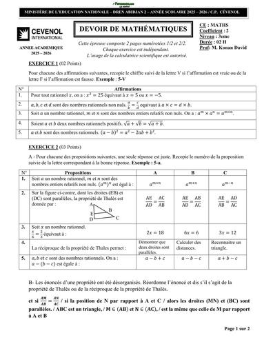 DEVOIR DE MATHS 3ième N°3 CEVENOL 2024 BY TEHUA