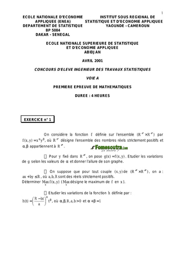 Sujet 1ère épreuve de maths ITS A 2001 (ENSEA - ENSAE - ISSEA)