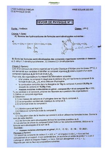 Sujet de Physique-Chimie Première C Lycée Classique Abidjan 2023