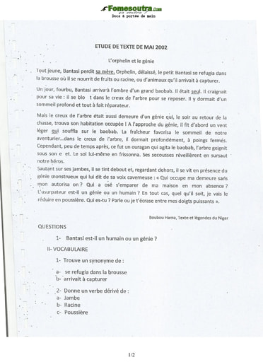 Sujet d'Etude de texte concours d’entrée à l'EMPT Bingerville 2002